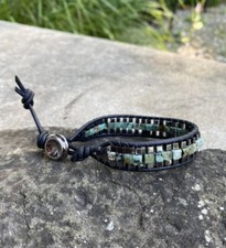 Men's Beaded Bracelet African Turquoise and Hemalyke Bracelet in Black Leather