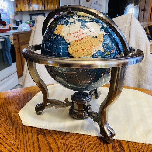World Tabletop Desk Globe w - Inlay - Lapis Blue - Inlay Gemstones - Compass - Picture 2 of 4