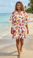 Women Cotton Short Kaftan Floral Rose Print Drawstring Waist Beach Cover Up L-3X
