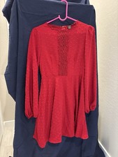 Red Chiffon A-Line Short Dress, Lace Accent, Balloon Long Sleeve, Size M