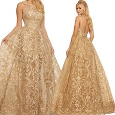NWT Sherri Hill Glitter Ball Gown Size 8 High Cut Halter Gold 52758 Prom $850