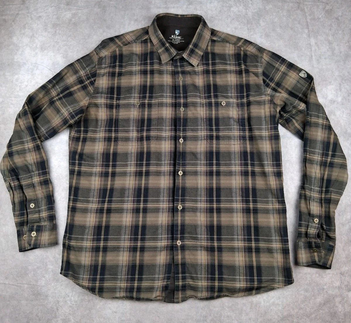Kuhl Fugitive Flannel Shirt Mens XL Brown Long Sleeve Button Down Hiking