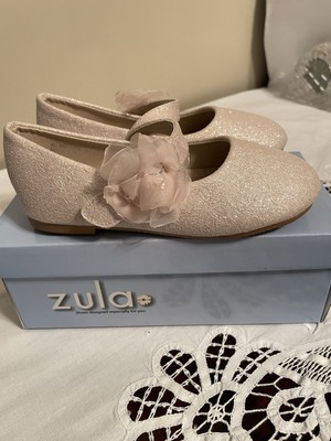 Mary Jane Glitter Ballerina Flat Flower Shoes Blush by Zula Toddler Size 10 -NEu