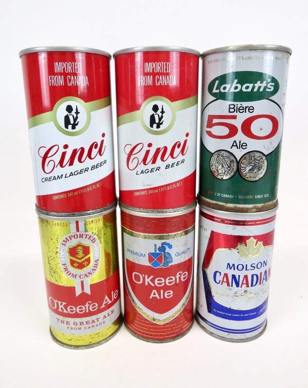 6 Canadian Beer Cans, straight steel, wide seam, Cinci, O'Keefe, Molson, LaBatt