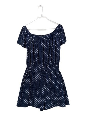 Mango Basics Damen Jumpsuit Blau Weiß Gepunktet Off-Shoulder Gr. L
