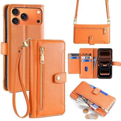 For iPhone Air/17 Pro Max/17 Pro/17 Crossbody Zipper Leather Wallet Case Cover