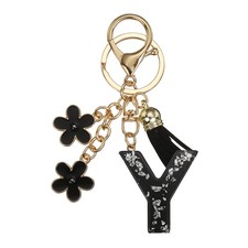 Alphabet Initial Letter Keychain Cute Charm with Tassel Flower Letter Y Black