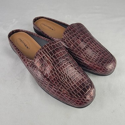 Comfortview Estelle Burgundy Metallic Croc Embossed Mules Womens 10M Square Toe