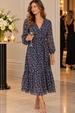 Madewell Cinch-Waist Tiered Midi Dress ~Sz L~Navy Floral Chiffon Peasant V Neck