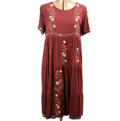 Tea N Rose Floral Embroidered Knee Length Dress Tiered Skirt Short Sleeve Wine L