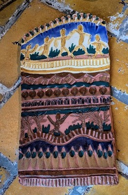 Handmade Ceramic Studio Test Tile   Folk Art Relief Design, Multi-Color Glaze...