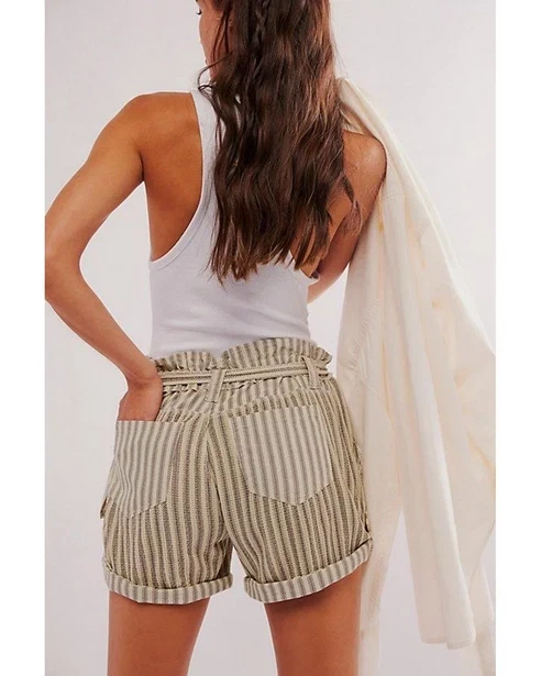 Pantalones Cortos Free People Fp One Harriet Rayas Verde Calle Estampado Bolsillo Nuevo XS Foto 2 de 2