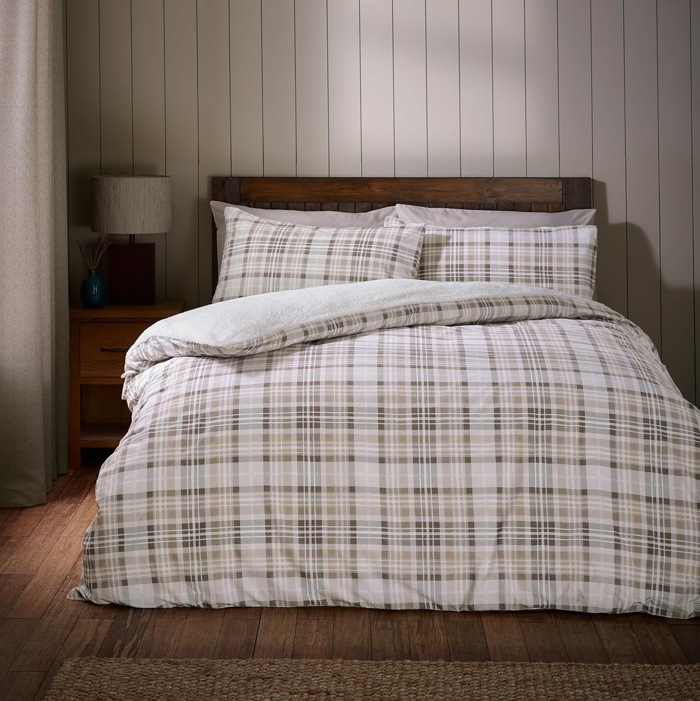 Catherine Lansfield Tartan Check Duvet Cover King Quilt Bedding Bed Set Natural