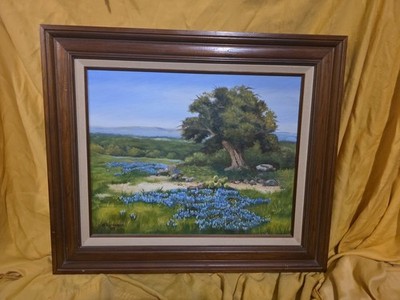 Texas Bluebonnet Hill Country Scape, D. Vornsand '89 Oil Painting Weimar TX