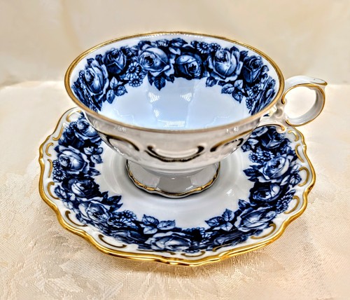 Vintage "Heirloom" Schumann Germany Blue Roses Teacup & Saucer Bone China Gold