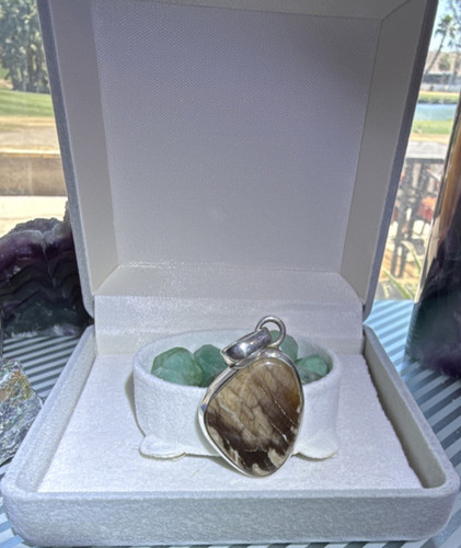Asymmetrical Natural Agate Pendant 925 Sterling Silver Brown Charm
