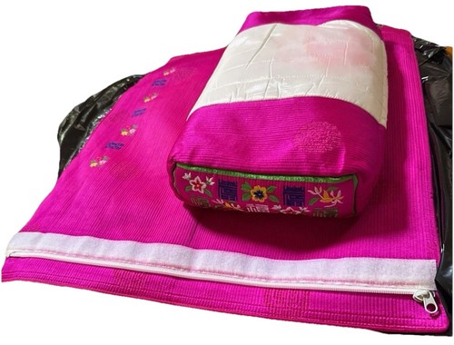 Vintage Asian Fuchsia Silk Buckwheat Embroidered Travel Pillow with Case