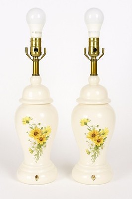 Ginger Jar Lamps Pair Ceramic Black Eyed Susan Ceramic End Table Buffett Mid Cen