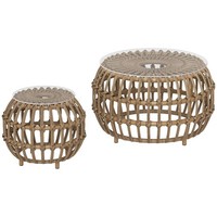 2Er Set Beistelltisch Polyrattan Ø66/42 Cm Rund Wetterfest Mit Glasplatte