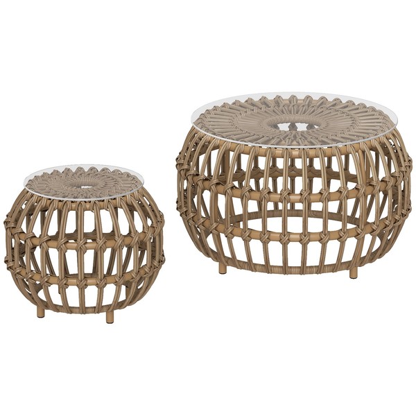 2Er Set Beistelltisch Polyrattan Ø66/42 Cm Rund Wetterfest Mit Glasplatte-image