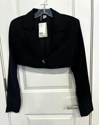 H&M Divided Women s Black Solid Cropped Bolero Jacket Button Front Lined 2XS