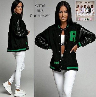NEU 38 M Sommer Sweat Varsity Jacke Kunstleder Baseball College Schwarz Grün