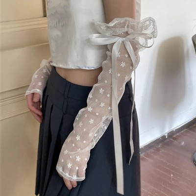 1 Pairs Women's Gloves Korean Lace Flower Ribbons Sweet Cute Versatile Fashionab