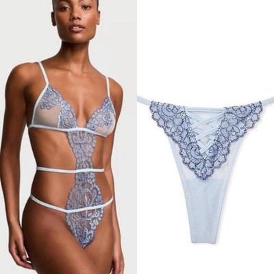NWT Victorias Secret XL Blue Embroidered Mesh Lace Cami Panty Matching Set