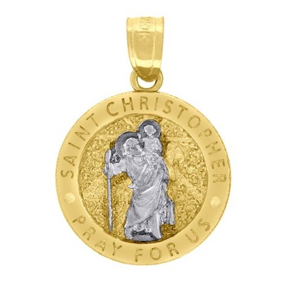 10kt Two-Tone Gold Unisex Textured Saint Christopher Pray For Us Charm Pendant