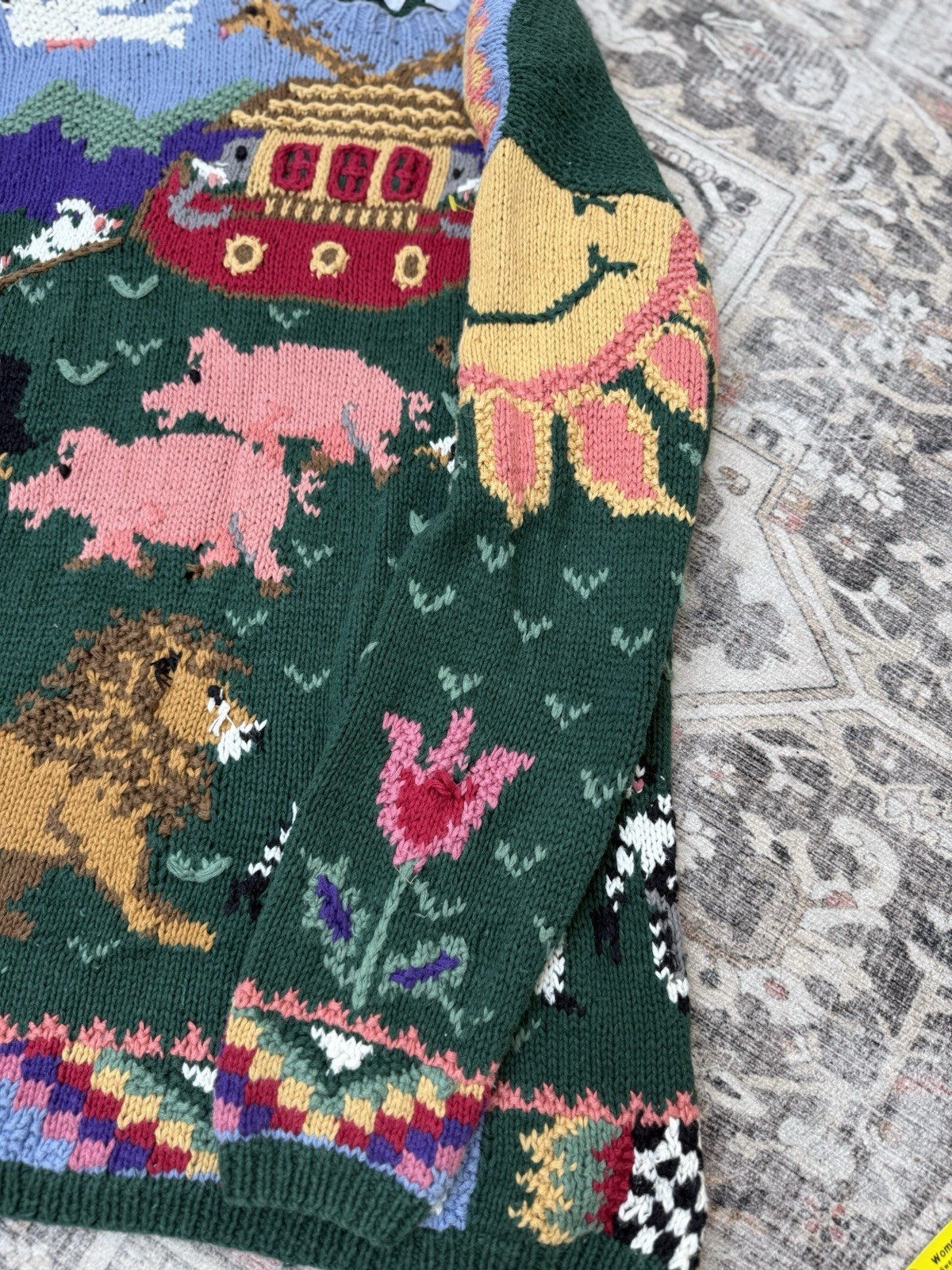 Vtg Signatures by Northern Isles Hand knit Sweater Women XL Green Noah's Ark image 3