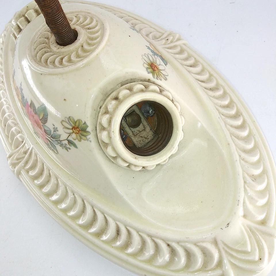 early 1900s Embossed 2-Bulb Ceramic Ceiling Sconce Light Floral UNTESTED - Image 4 of 4