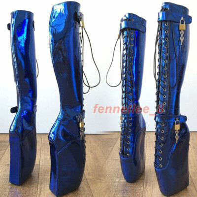 Blue Metallic Wedge Ballet Heels Fetish Shoes Women Lace Up Boots 18cm Lockable