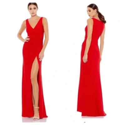 Mac Duggal 26513 Red Faux Wrap Sleeveless V Neck Slit Cocktail Gown Size 8 NEW