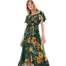 FARM RIO Vintage Floral Tropical Midi Off The Shoulder Green Dress Size XS