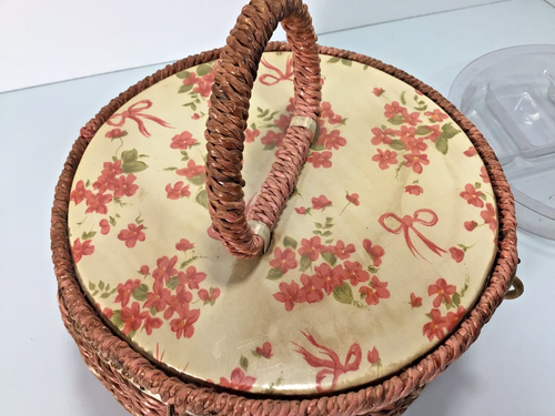 Dritz Granny core Sewing Basket Box Pink Woven Rattan Round Red Satin Tufted Vtg - Picture 3 of 11