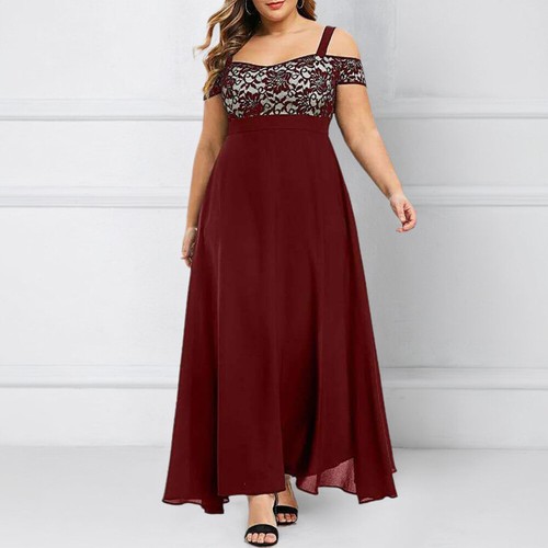 Plus Size Women Lace Chiffon Maxi Dress Cold Shoulder Cocktail Evening Long Gown - Picture 9 of 18