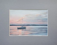 ORIGINAL Oil Painting Sunset on a Lake Impressionism Landscape Boat Matted