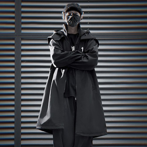 Niepce Herren Japanischer Streetwear Langer Trenchcoat mit Hoodie - Bild 2 von 37