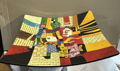 Abstract Art Wood Tray Platter Inlay Tiles Teeth Hand Painted African Acrylic - Photo 17/18