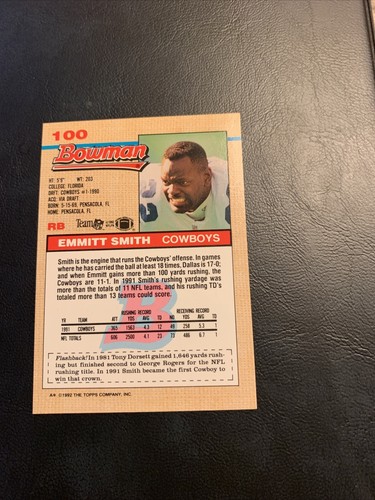 CB51B #100 Emmitt Smith Dallas Cowboys 1992 Bowman - Bild 2 von 2
