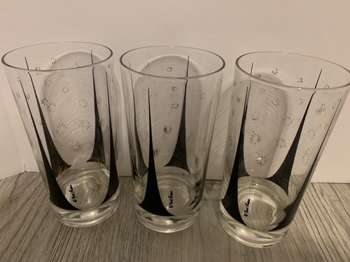 Fred Press Gold and Black Atomic Starburst Highball Glasses 3 MCM Triangles - Picture 9 of 20