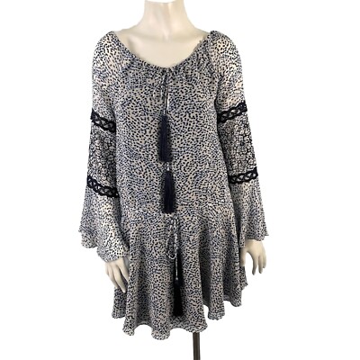 Alexis Lanelle Flowy Mini Dress Bell Sleeves Tassel Blue Size Small Boho Resort