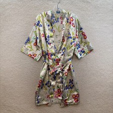 Vintage Robe Kimono Medium Womens White Floral Satin Cottagecore Prairie Grandma
