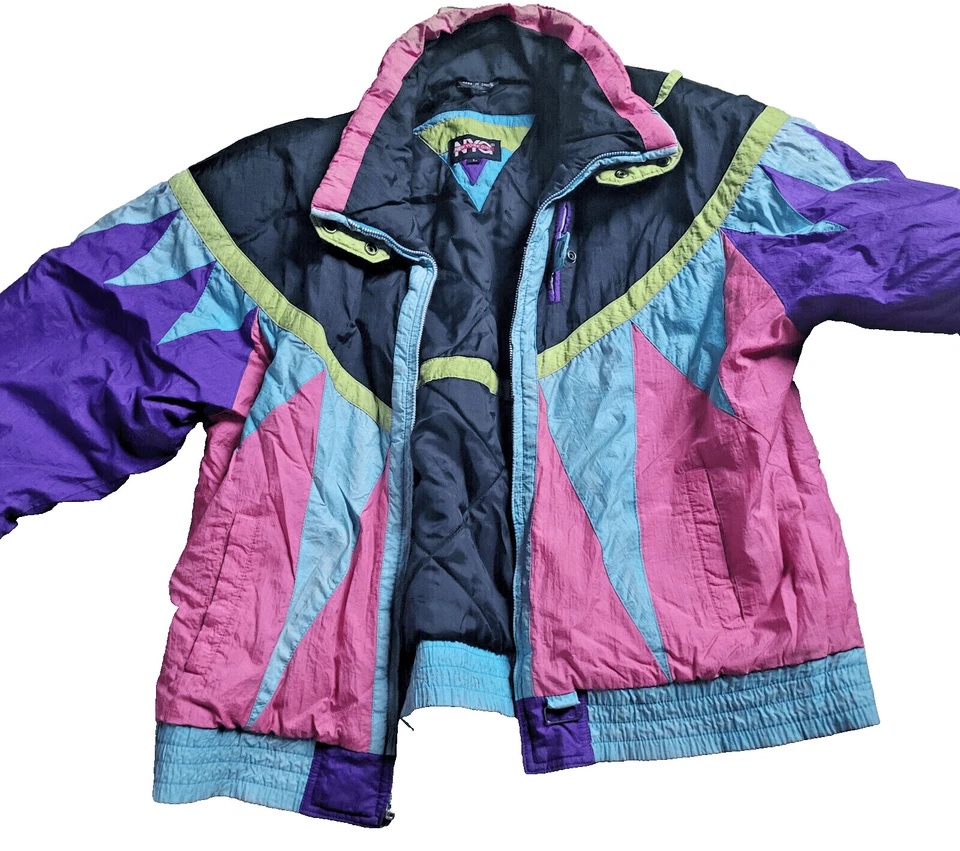 Abrigo de Invierno Bombardero Geométrico Nailon Vintage Años 90 Nueva York Niña Talla L Foto 3 de 4