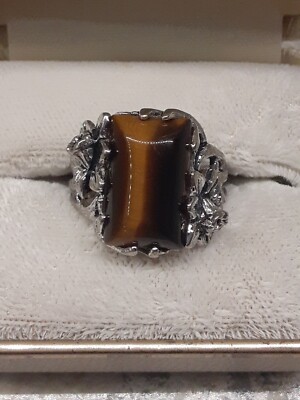 1980's Tiger's Eye Silvertone Lily Flower Ring Size 9.5
