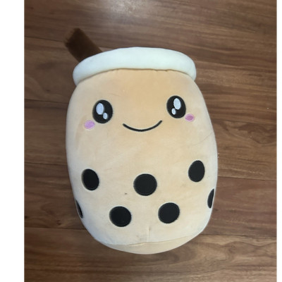 Bubble Tea Plush Stuffed Toy Medium Beige Black White Cute Face Straw