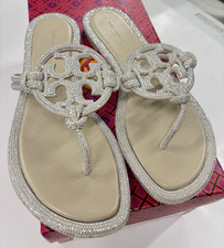 Tory Burch Women's Miller Knotted Pave Thong Sandals Stone Gray US Size 7
