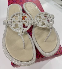 Tory Burch Women's Miller Knotted Pave Thong Sandals Stone Gray US Size 7