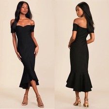 NWOT Lulu’s How Much I Care Black Off-the-Shoulder Midi Dress Medium Bodycon