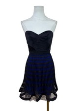 BCBG Maxazria Strapless Black  Blue Pleated Cocktail Dress With Lace Hem Sz 2